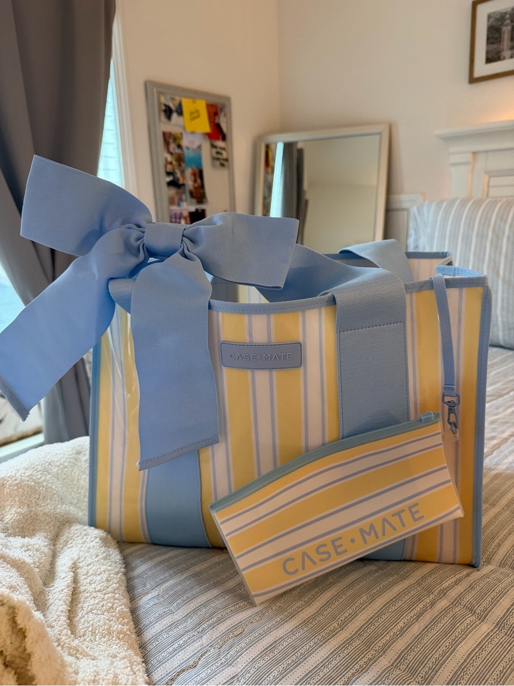CaseMate Cutie Jelly Tote Bag Yellow Blue Stripe with Bow!